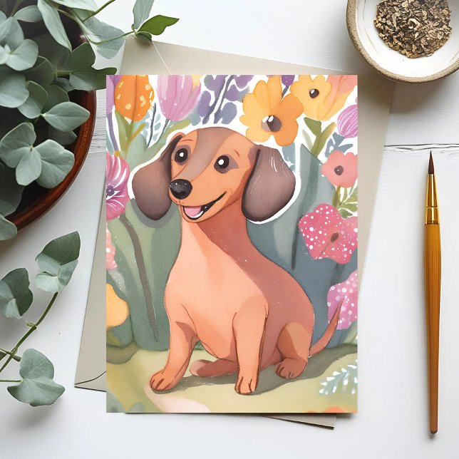 Dachshund-valp | Akvarell Hund Husdjur Vykort (Skapare uppladdad)