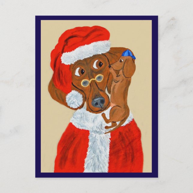 Dachshund-valp berättar för tomten hans julönsknin vykort (Framsida)