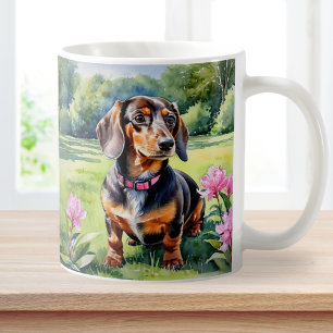 Dachshund Valp Korvhund Söt Doxie Akvarell Kaffemugg