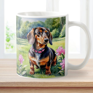 Dachshund Valp Korvhund Söt Doxie Akvarell Kaffemugg