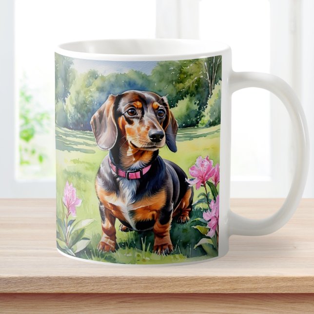 Dachshund Valp Korvhund Söt Doxie Akvarell  Kaffemugg (A pretty coffee mug, illustrated on both sides with a cute dachshund puppy in a watercolor style)
