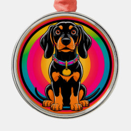 Dachshund-valp omgiven av en livfull regnbåge julgransprydnad metall