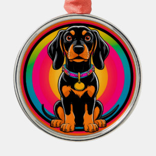 Dachshund-valp omgiven av en livfull regnbåge julgransprydnad metall