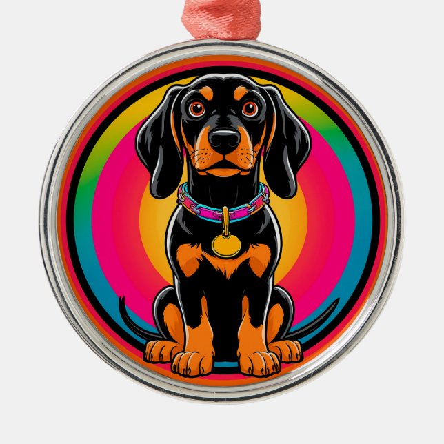 Dachshund-valp omgiven av en livfull regnbåge julgransprydnad metall (Framsidan)