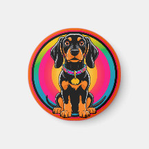 Dachshund-valp omgiven av en livfull regnbåge