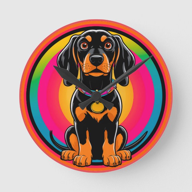 Dachshund-valp omgiven av en livfull regnbåge rund klocka (Framsida)