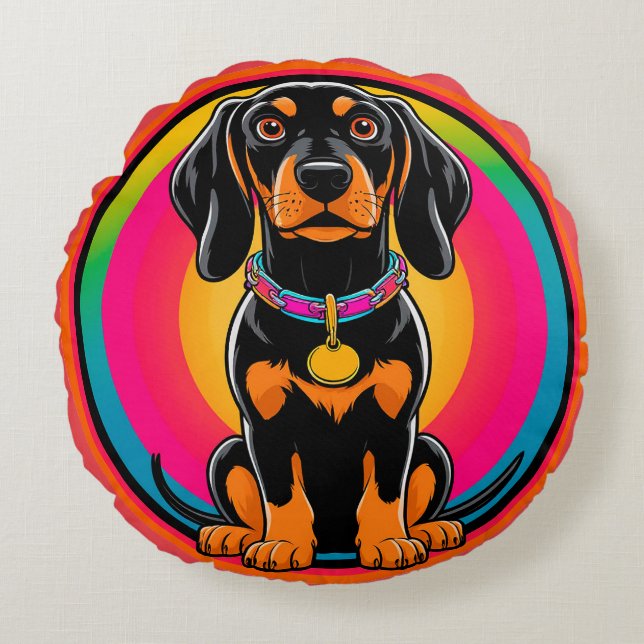 Dachshund-valp omgiven av en livfull regnbåge rund kudde (Framsidan)