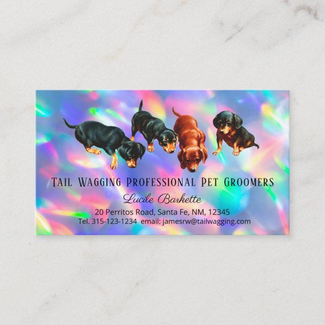 Dachshund-valpar Husrengöring Holografisk Regnbåge Visitkort (Framsida)