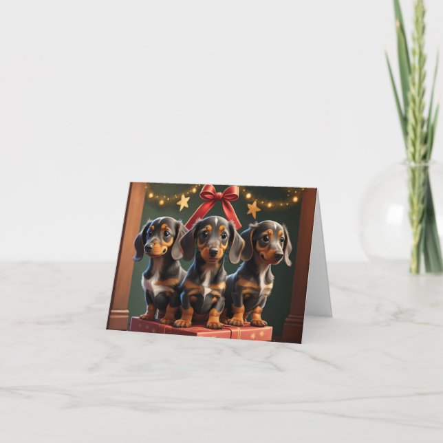 Dachshund-valpar julhälsningskort kort (Framsida)