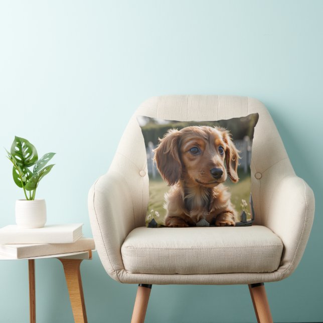 Dachshund-valpen väntar på stängslet kudde (Stol)