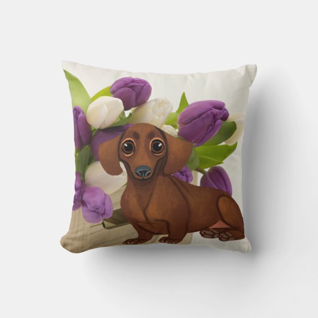 Dachshund Vår Blommigt Pillow Kudde (Framsida)
