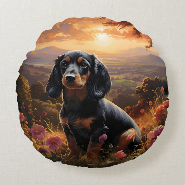 Dachshund vid Dusk Rund Kudde (Framsidan)