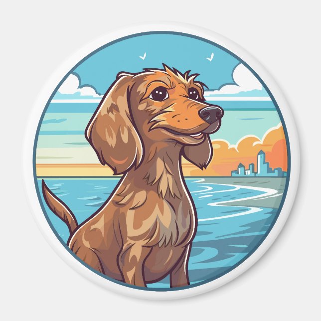 Dachshund vid stranden magnet (Framsidan)