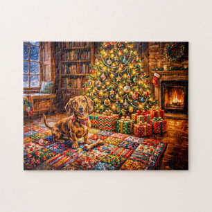 Dachshund vilande bredvid mysig julgran eld pussel