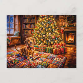 Dachshund vilande bredvid mysig julgran eld vykort