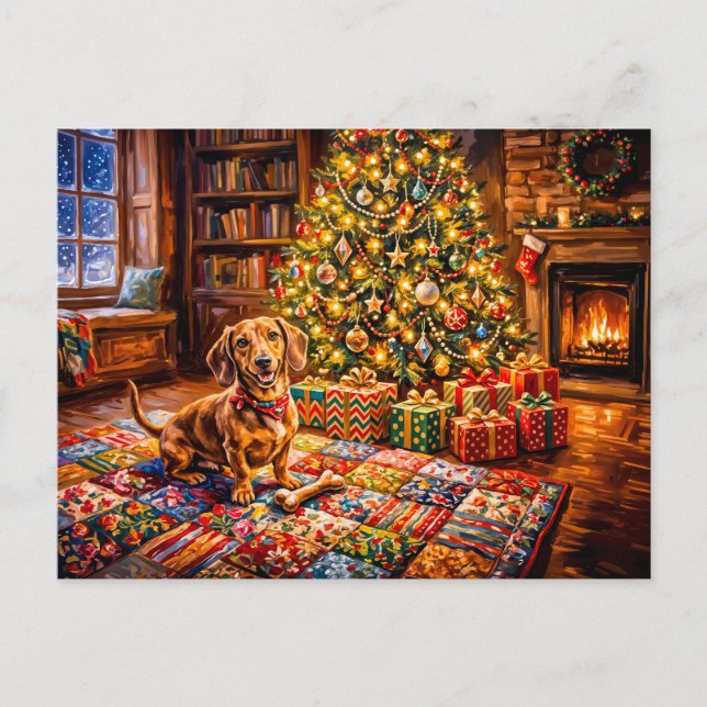 Dachshund vilande bredvid mysig julgran eld vykort (Framsida)