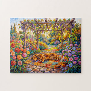 Dachshund vilande under blomsterträdgårdens pergol pussel