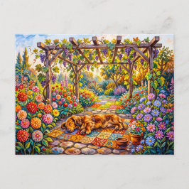 Dachshund vilande under blomsterträdgårdens pergol vykort