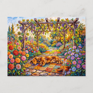 Dachshund vilande under blomsterträdgårdens pergol vykort