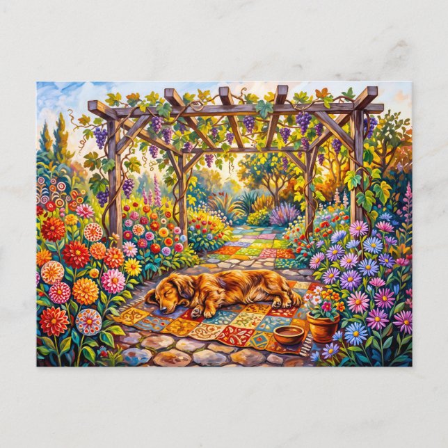 Dachshund vilande under blomsterträdgårdens pergol vykort (Framsida)
