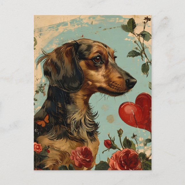 Dachshund Vintage Valentines dag Vykort (Framsida)