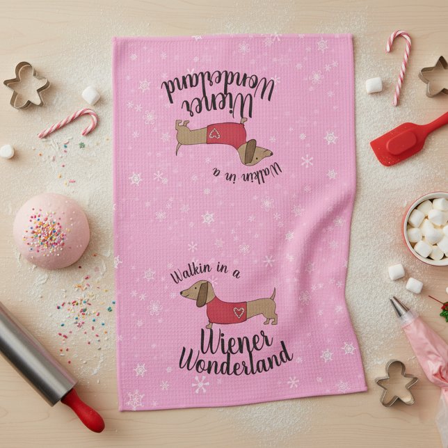 Dachshund Walking in a Wiener Wonderland Doxie  Kökshandduk (Walking in a wiener wonderland dachshund kitchen dish towel for Christmas decor)
