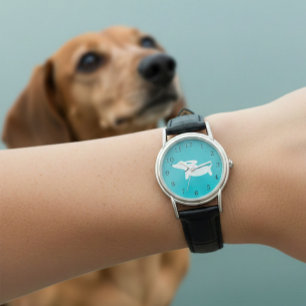 Dachshund Watch Teal Ansikte Leather Band Armbandsur
