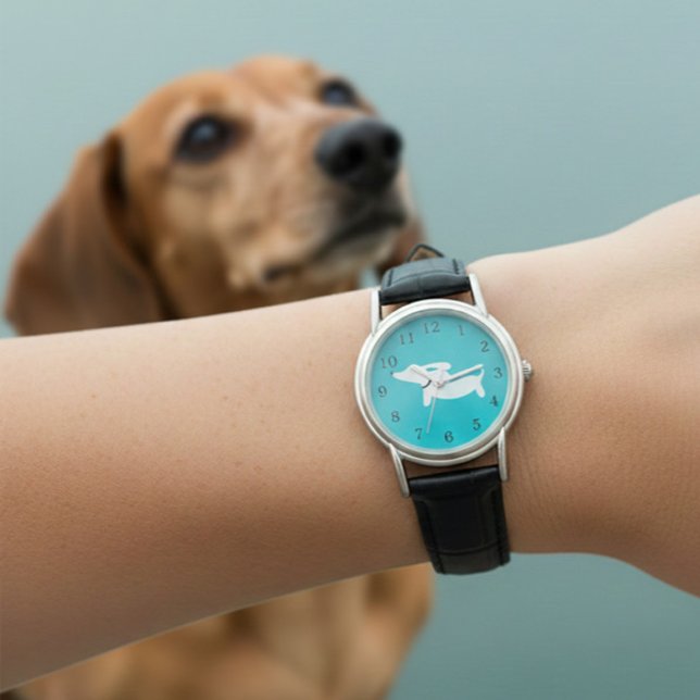 Dachshund Watch Teal Ansikte Leather Band Armbandsur (Wiener dog watch - leather band)