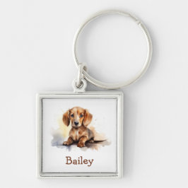 Dachshund Watercolor Keychain Fyrkantig Silverfärgad Nyckelring