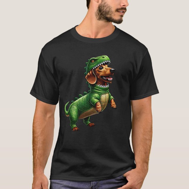 Dachshund Wearing Dinosaur Outfit Funny Dog Lover T Shirt (Framsida)
