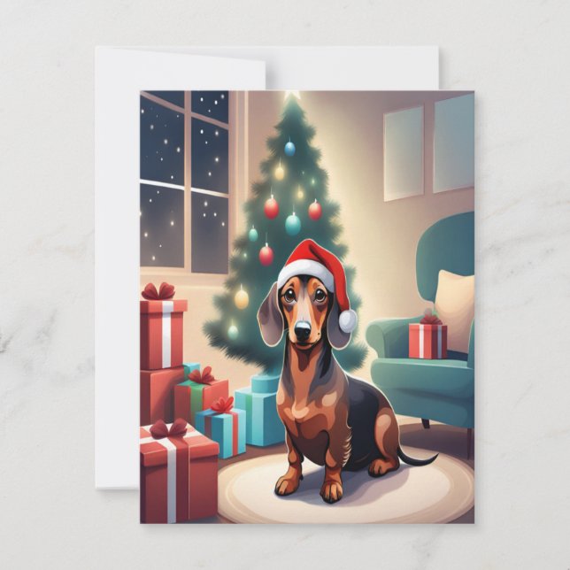 Dachshund Weenie Dog i Santa hatt julkort (Framsida)