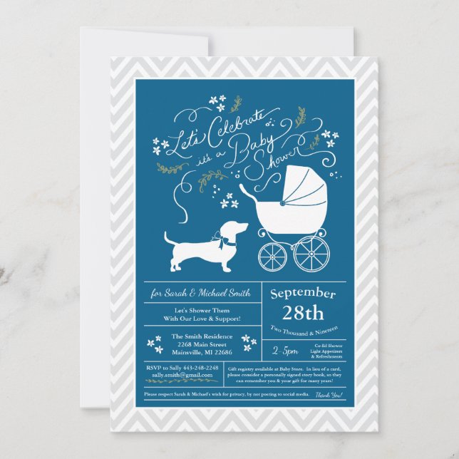 Dachshund Wiener Hund Baby Shower Blue Boy Inbjudningar (Framsida)