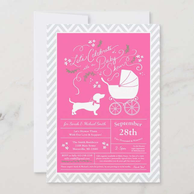 Dachshund Wiener Hund Baby Shower Rosa Girl Inbjudningar (Framsida)