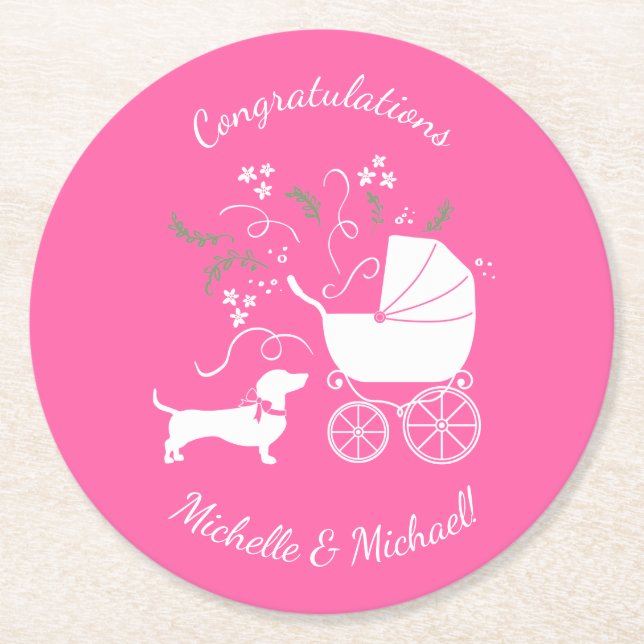 Dachshund Wiener Hund Baby Shower Rosa Girl Underlägg Papper Rund (Framsidan)
