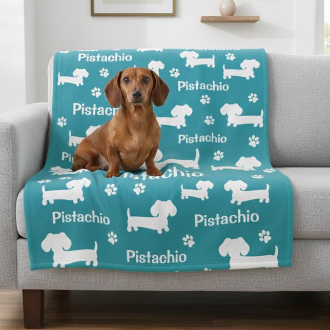 Dachshund Wiener Hund Personlig Blanket Teal Fleecefilt (Teal dachshund blanket personalized with dog name and fave color)