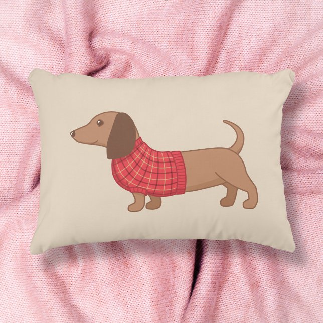 Dachshund Wiener Hund Red Play Sweater på Beige Prydnadskudde (Skapare uppladdad)