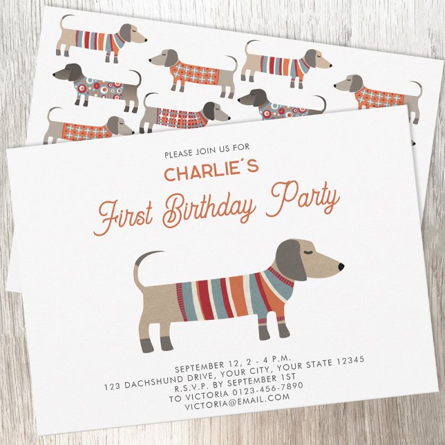 Dachshund Wiener Sause Hund First Födelsedagsfest Inbjudningar (Fun Dachshund Wiener Sausage Dog personalized first birthday party invitation)