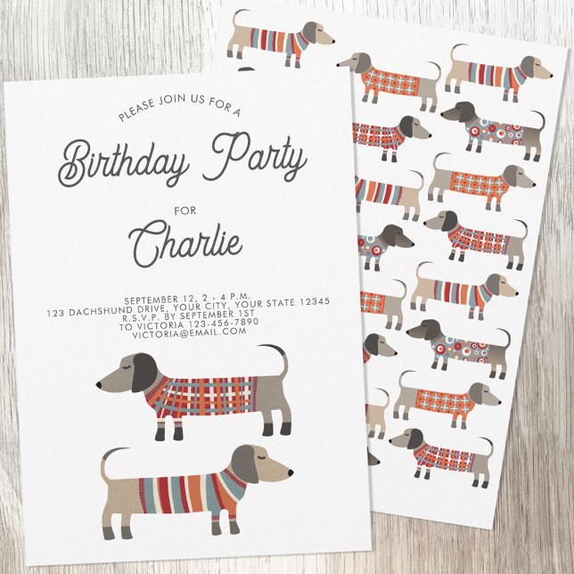 Dachshund Wiener Sause Hund Födelsedagsfest Inbjudningar (Fun Dachshund Wiener Sausage Dog personalized birthday party invitation with custom text)