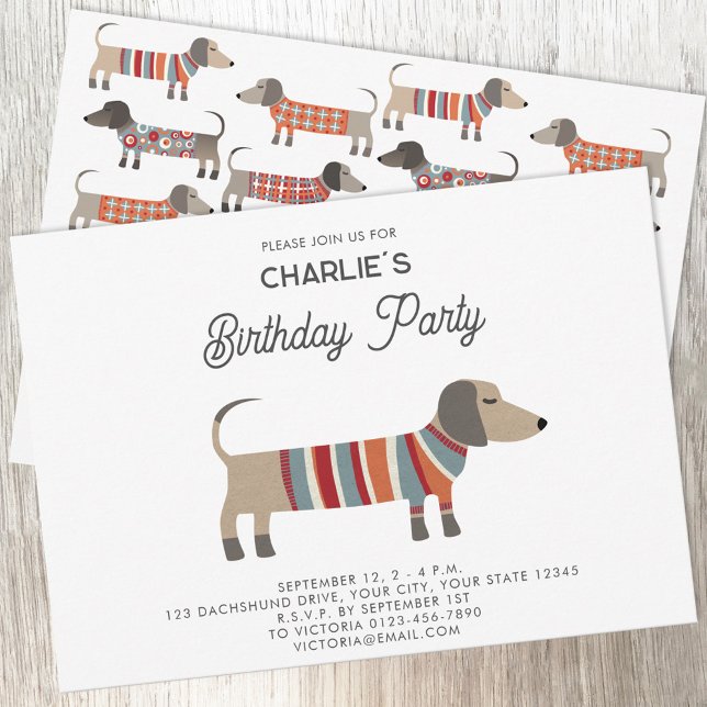 Dachshund Wiener Sause Hund Födelsedagsfest Inbjudningar (Fun Dachshund Wiener Sausage Dog personalized custom text birthday party invitation)