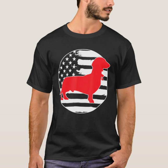 Dachshund Wiener USA flagga 4:e juli T Shirt (Framsida)