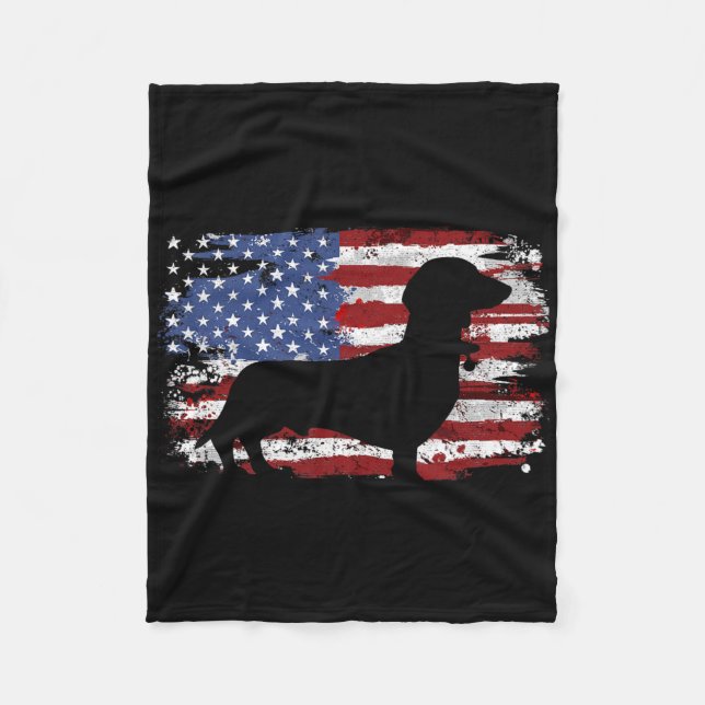 Dachshund Wiener Vintage Amerikansk Flagga  Fleecefilt (Framsidan)