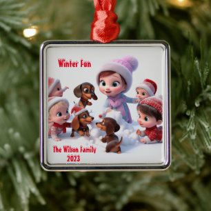 Dachshund Winter Family Julgransprydnad Metall