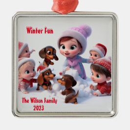 Dachshund Winter Family Julgransprydnad Metall