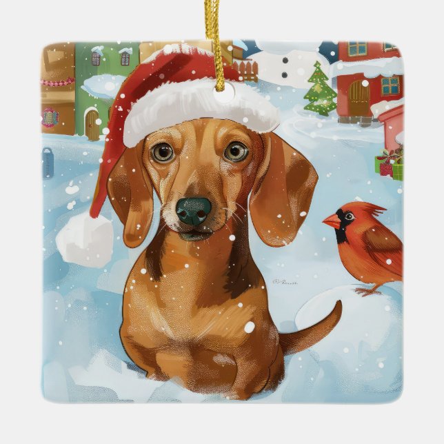 Dachshund Winter Wonderland jul Joy Julgransprydnad Keramik (Framsida)