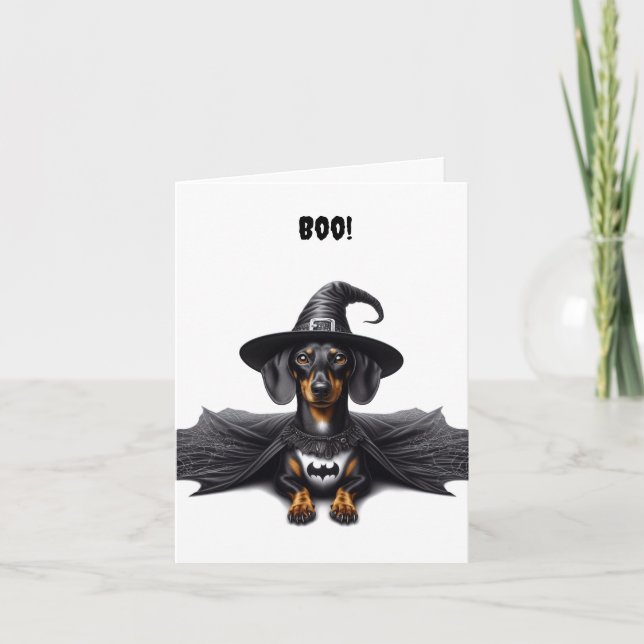 Dachshund Witch Halloween-mappat gratulationskort Kort (Framsida)