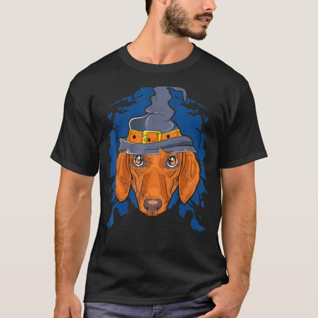 Dachshund Witch Halloween Sause Wiener Hund T Shirt (Framsida)