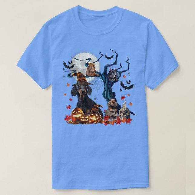 Dachshund Witch på Halloween Träd-taloky Pumpkin N T Shirt (Design framsida)