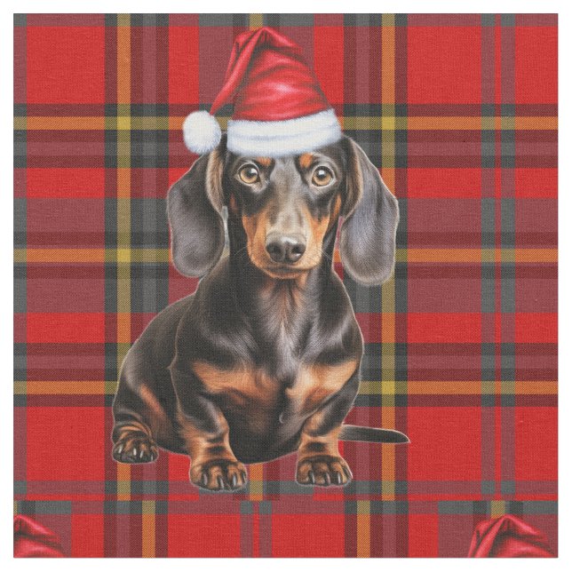 Dachshund with a Red Green Plaid Holiday Fabric Tyg (Närbild)