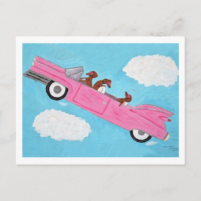 Dachshundar i cabriolet i rosa i himlen inbjudan vykort (Framsida)