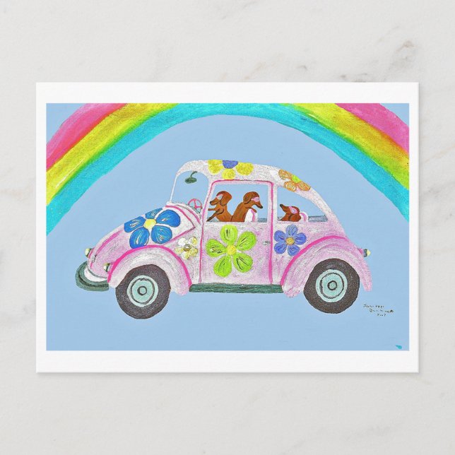 Dachshundar i en hippobil under en regnbåge inbjudan vykort (Framsida)
